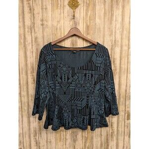 Lucy Diamonds Cropped Peplum Aztec Top Teal Velvet Scoop Neck 1X